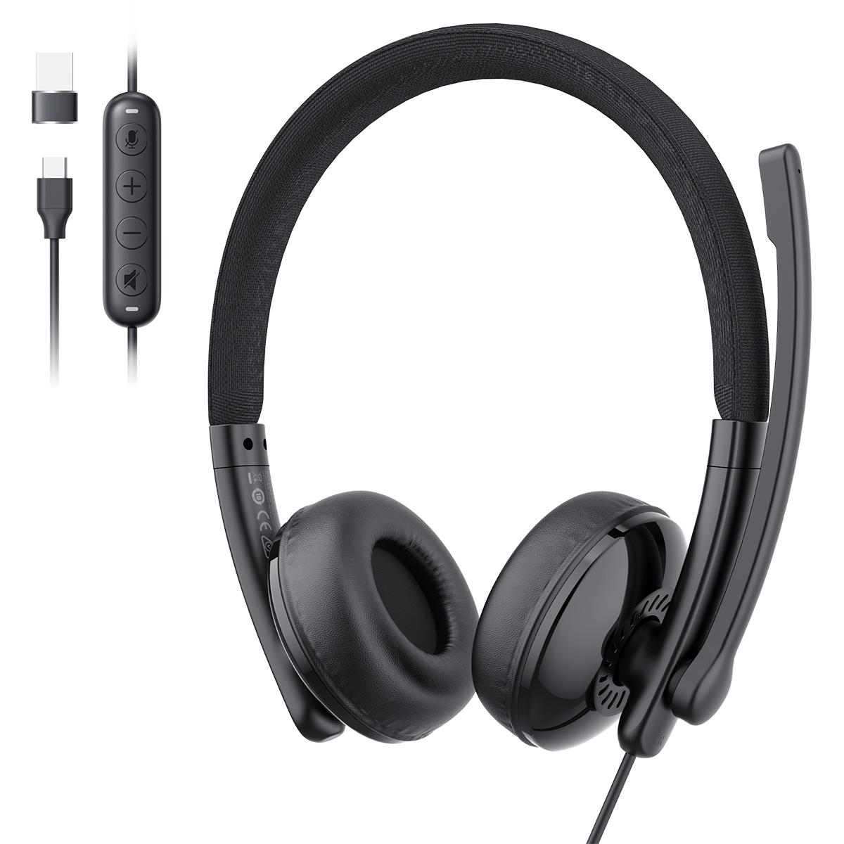 EMEET GeniusCall HS50, On-Ear ENC Headset with 270 Degree Rotatable Noise-Cancelling Boom Mic, In-Line Controls with One-Click Mute, Soft Foam Earpads and USB-C with USB-A Adapter