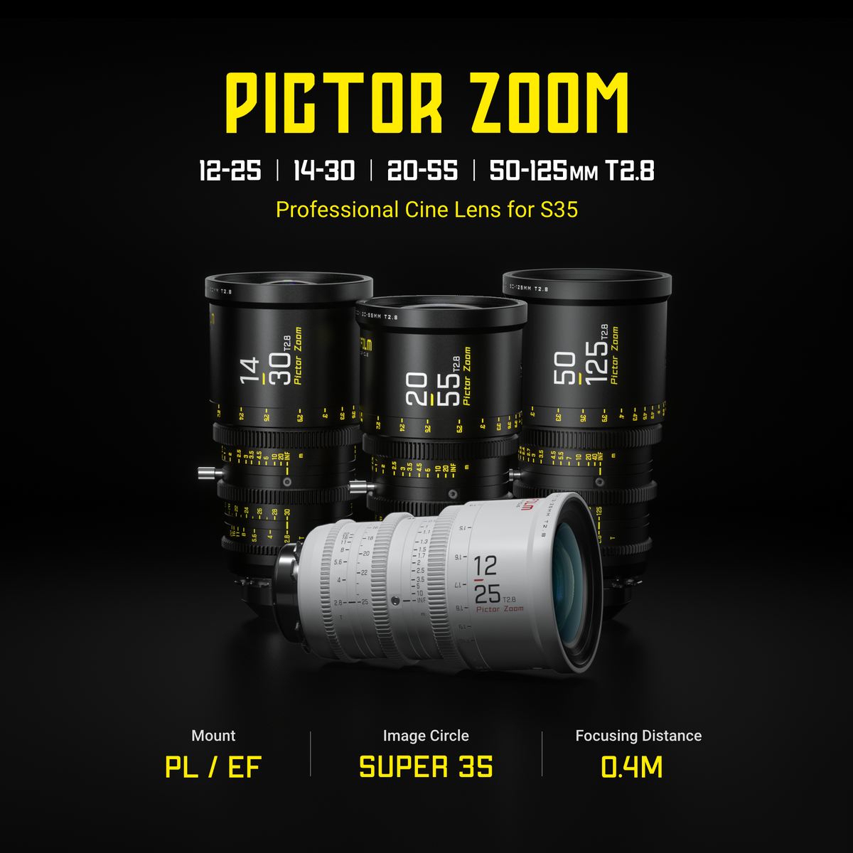 DZOFILM Pictor Zoom 2-lens kit with case (20-55/50-125 T2.8)(Black), Super35 Parfocal Zoom, Interchangeable PL and EF Mount, 16-Blade Iris, M86 Front Filter