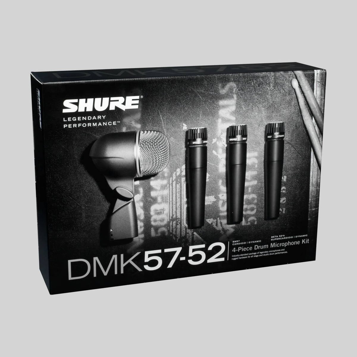 Shure DMK57-52, Drum Microphone Kit, includes 3 SM57 Microphones, one Beta 52A Microphone, three A56D Drum-mounting Systems, and a Carrying Case