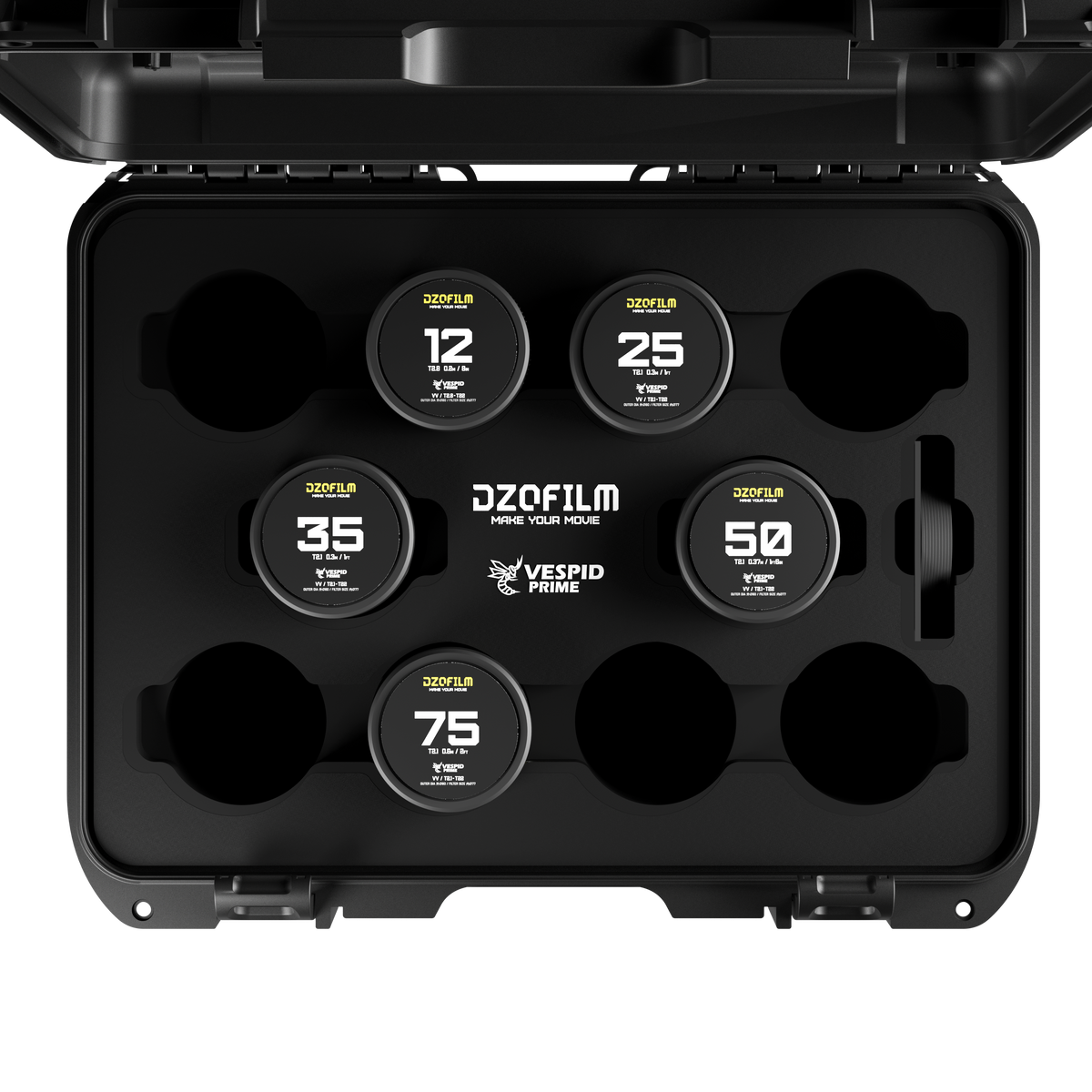 DZOFILM Vespid Prime 5-lens Kit- 12/25/35/50/75mm with case (PL+EF), Vista Vision Full-Frame Coverage, Interchangeable PL and EF Mount, 46.5mm Image Circle, Manual Focus and Iris, M77 Front Filter