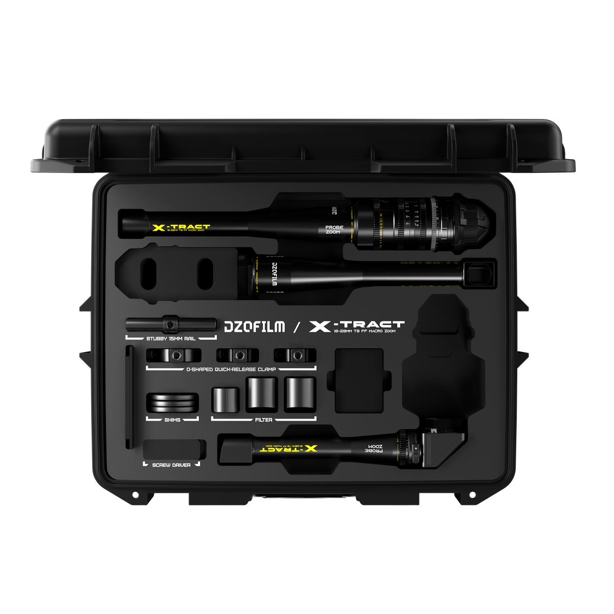 DZOFILM X-tract Xtract 18-28mm_Detachable rear lens *1 + front lenses*3 0∘+90∘+360∘(PL_Black_Case_3pcs_Metric), Probe Zoom Cine Lens, PL Mount, Macro Probe Optics