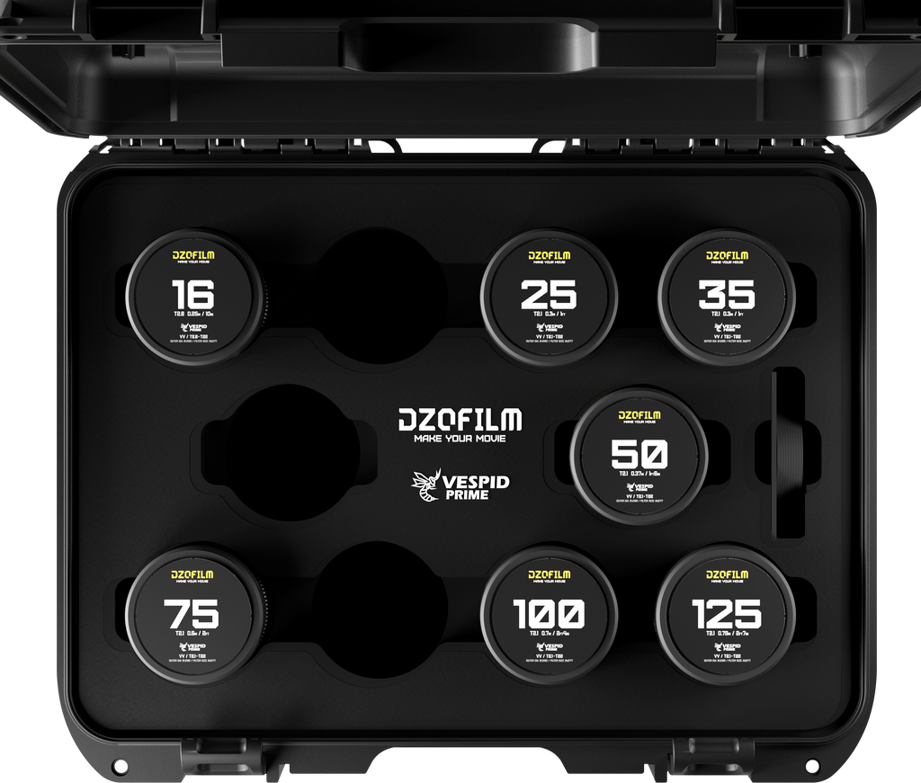DZOFILM Vespid Prime 7-Iens Kit V2 一 16 T2.8+ 25 / 35 / 50 / 75 / 100 / 125mm T2.1 with case (PL+EF) -Promotion kit, Vista Vision Full-Frame Coverage, Interchangeable PL and EF Mount, 46.5mm Image Circle, Manual Focus and Iris, M77 Front Filter