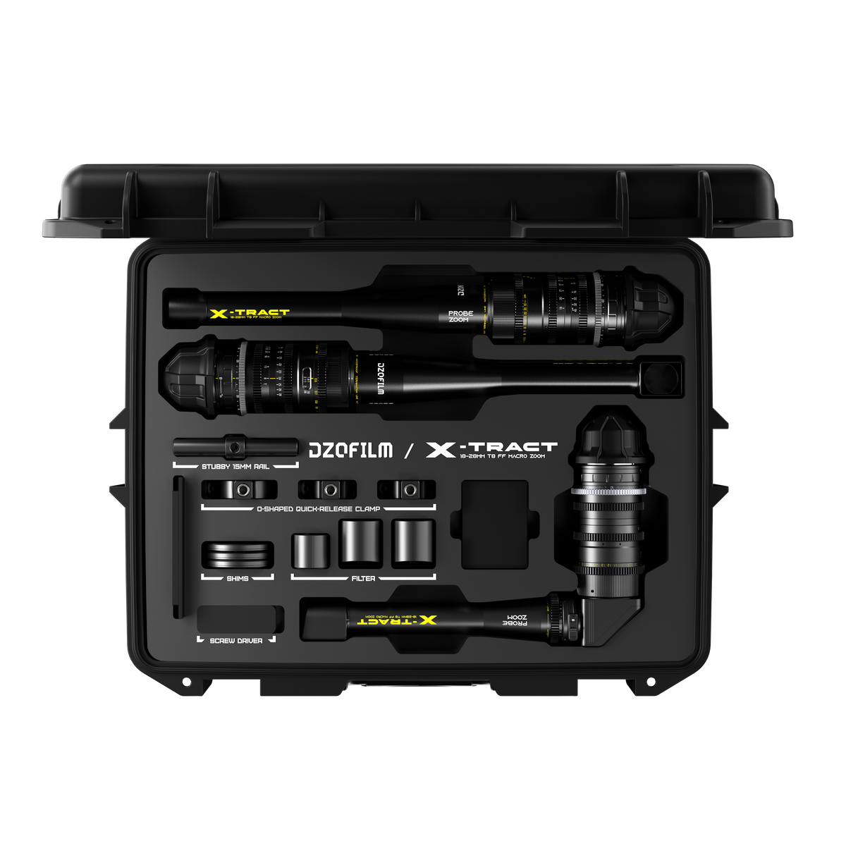 DZOFILM X-tract 18-28mm_0/90/360°(PL_Black_Case_3pcs_Metric), Probe Zoom Cine Lens, PL Mount, Macro Probe Optics