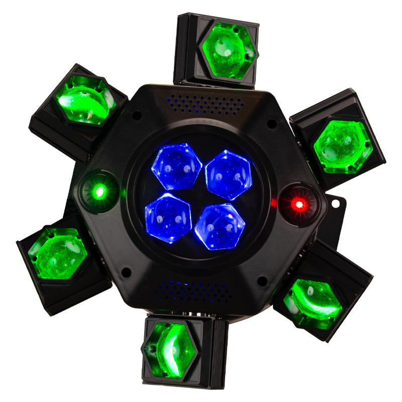 Eliminator Lighting CenterDroid, Multi-Effect Light with 10 x 15W RGBW 4-in-1 LEDs, 100mW Red and 50mW Green Lasers, Tilting Arms, Rotating Optics, 22 DMX Channels