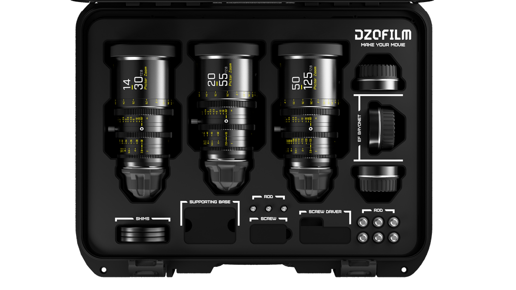 DZOFILM Pictor Zoom 3-lens kit with case (14-30/20-55/50-125 T2.8)(Black), Super35 Parfocal Zoom, Interchangeable PL and EF Mount, 16-Blade Iris, M86 Front Filter