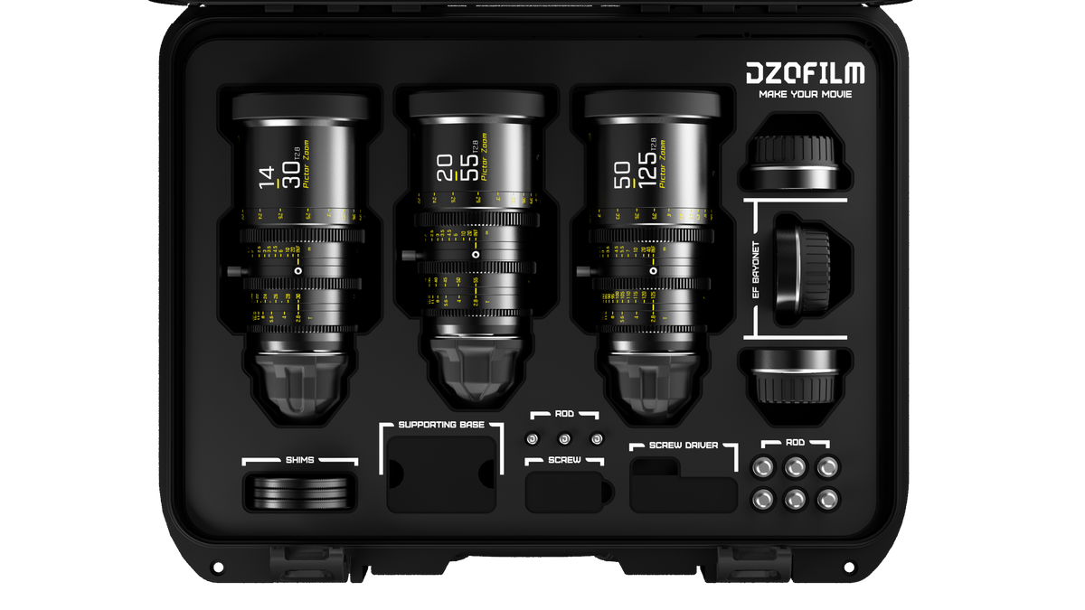 DZOFILM Pictor Zoom 3-lens kit with case (14-30/20-55/50-125 T2.8)(Black), Super35 Parfocal Zoom, Interchangeable PL and EF Mount, 16-Blade Iris, M86 Front Filter