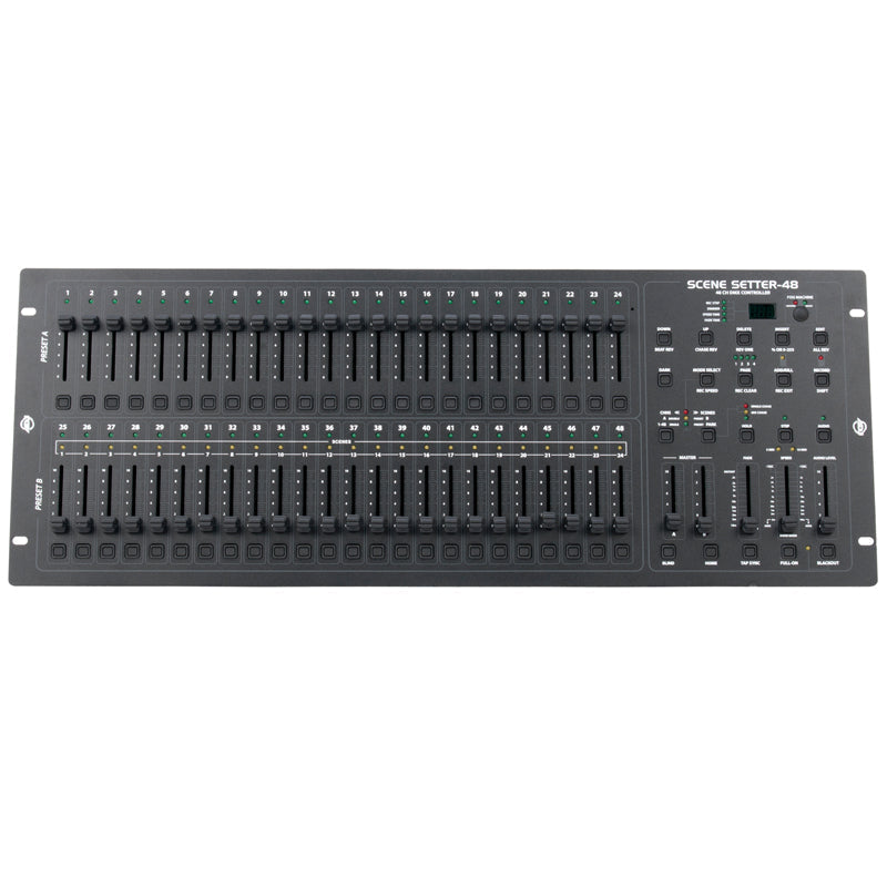 ADJ Scene Setter-48, 48 Ch. DMX Dimming Console, Midi, 4300 Programmable Scenes, 96 Recordable Chases. Audio, Fade, and Speed Controls