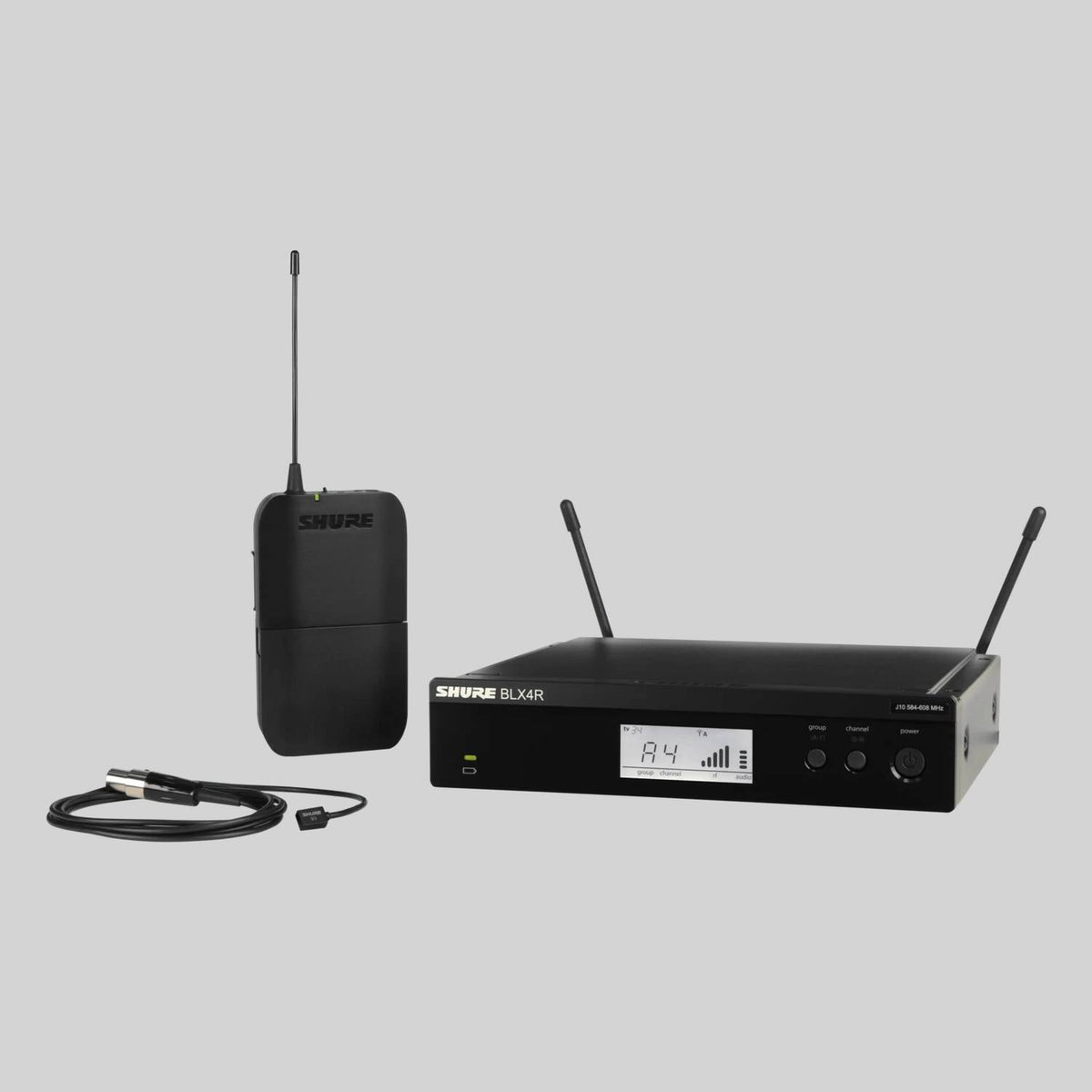 Shure BLX14R-H10, Wireless Rack-mount Presenter System with WL93 Miniature Lavalier Microphone, Guitar Wireless System with (1) BLX4R Wireless Receiver, (1) BLX1 Bodypack Transmitter, and (1) WA302 Instrument Cable
