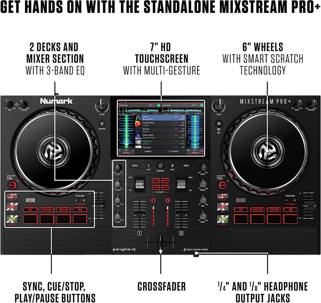 Numark Mixstream Pro+, Standalone DJ Controller with 7-Inch Touchscreen, Built-In Speakers and Wi-Fi Streaming