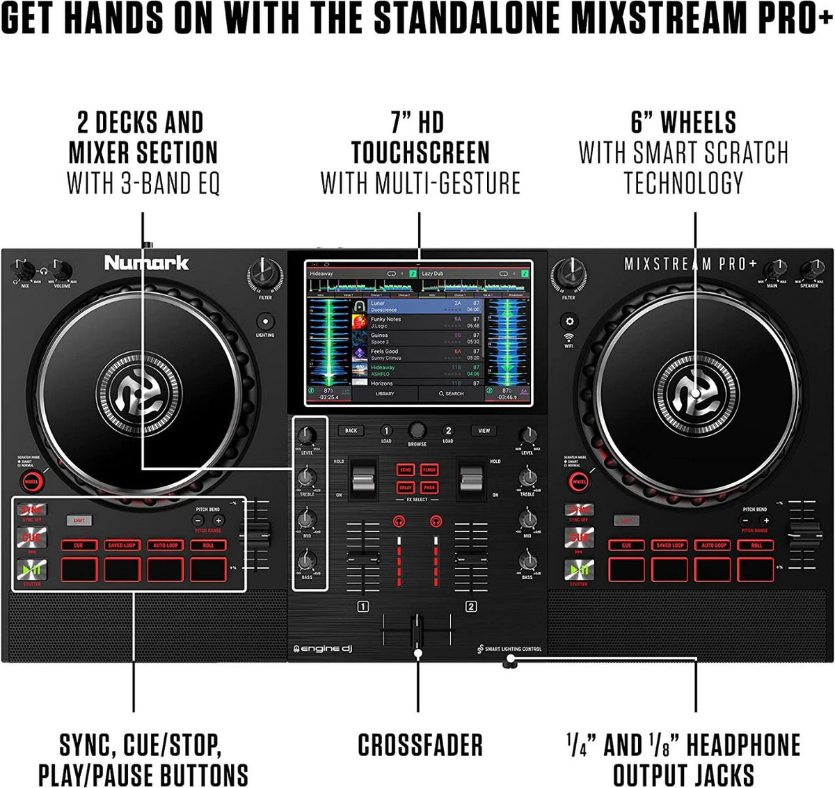 Numark Mixstream Pro+, Standalone DJ Controller with 7-Inch Touchscreen, Built-In Speakers and Wi-Fi Streaming