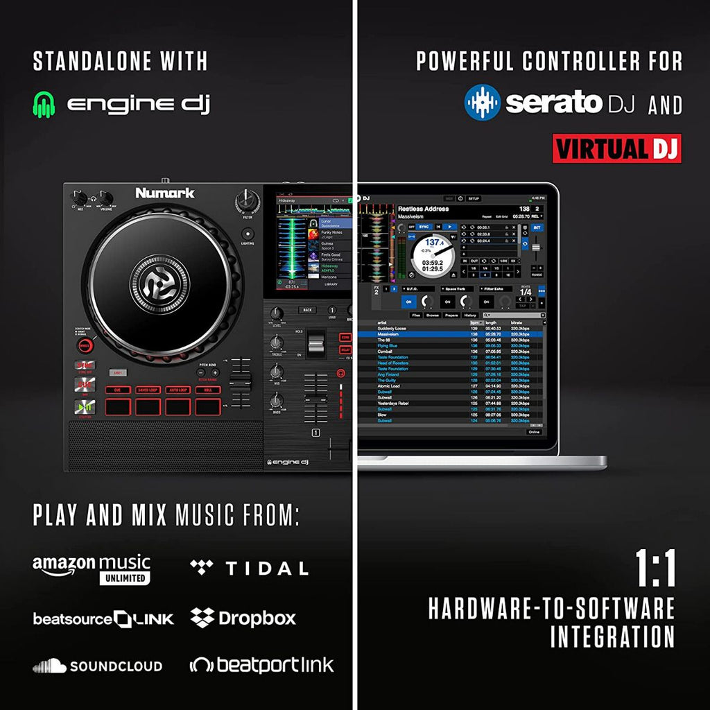 Numark Mixstream Pro+, Standalone DJ Controller with 7-Inch Touchscreen, Built-In Speakers and Wi-Fi Streaming