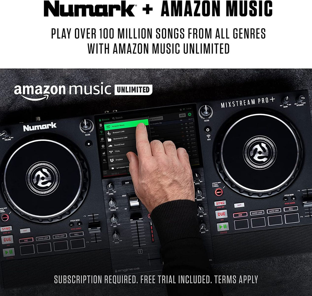 Numark Mixstream Pro+, Standalone DJ Controller with 7-Inch Touchscreen, Built-In Speakers and Wi-Fi Streaming