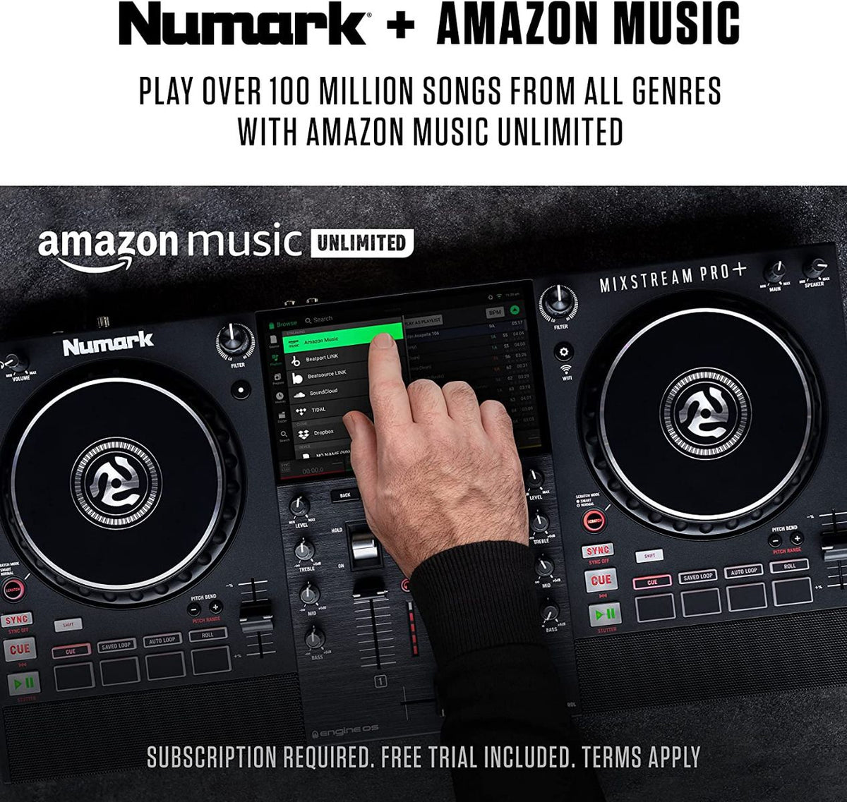 Numark Mixstream Pro+, Standalone DJ Controller with 7-Inch Touchscreen, Built-In Speakers and Wi-Fi Streaming