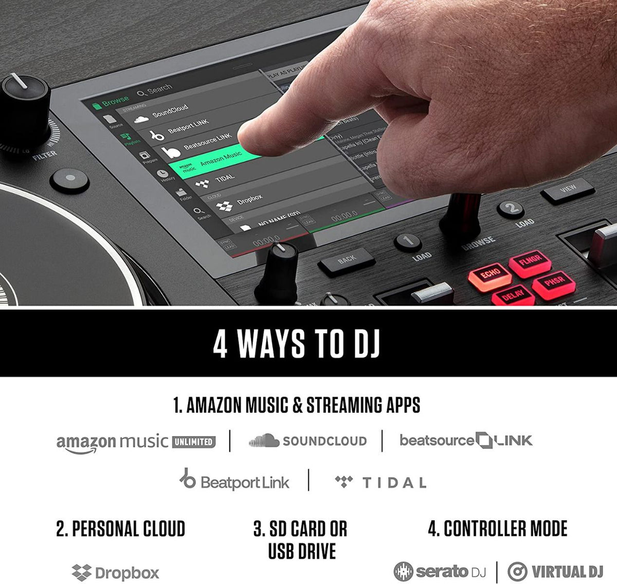 Numark Mixstream Pro+, Standalone DJ Controller with 7-Inch Touchscreen, Built-In Speakers and Wi-Fi Streaming