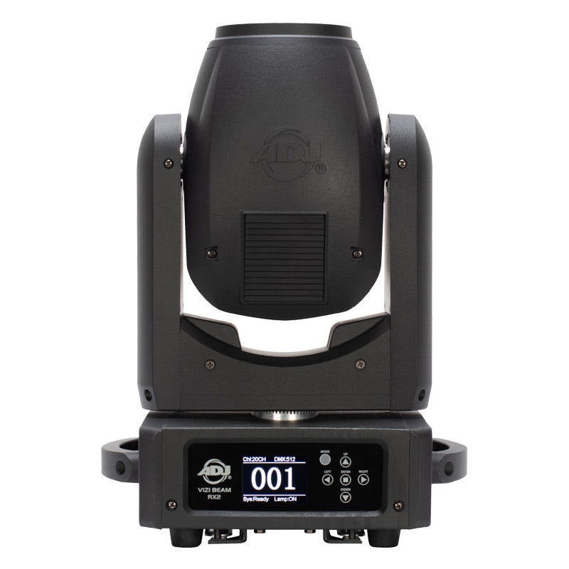 ADJ Vizi Beam RX2, Fast Compact Moving Head Beam Fixture, 100 Watt Osram Sirius HRI Discharge Lamp, 6000 Hrs, Two Prisms, 1 x 16 Facet Circular, 1 x 4 Facet Linear. 15 Gobos Plus Open
