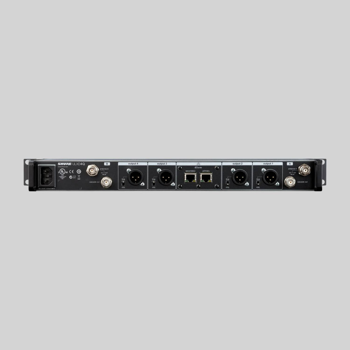 Shure ULXD4Q-H50, Quad-Channel Digital Wireless Receiver, Quad Digital Wireless Receiver with internal power supply, 1/2 Wave Antenna and Rack Mounting Hardware