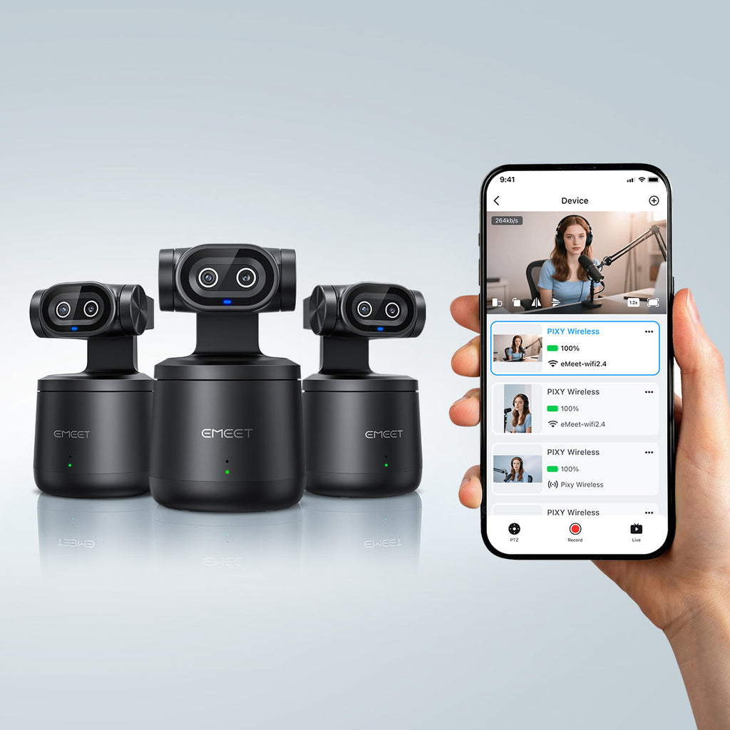 EMEET PIXY Wireless, 3-Camera 4K Dual-Lens PTZ Streaming System with AI Auto Tracking, Home Wi-Fi or Hotspot Operation, Records to TF Card or Device, Streams to Up to 4 Platforms via EMEET Studio App