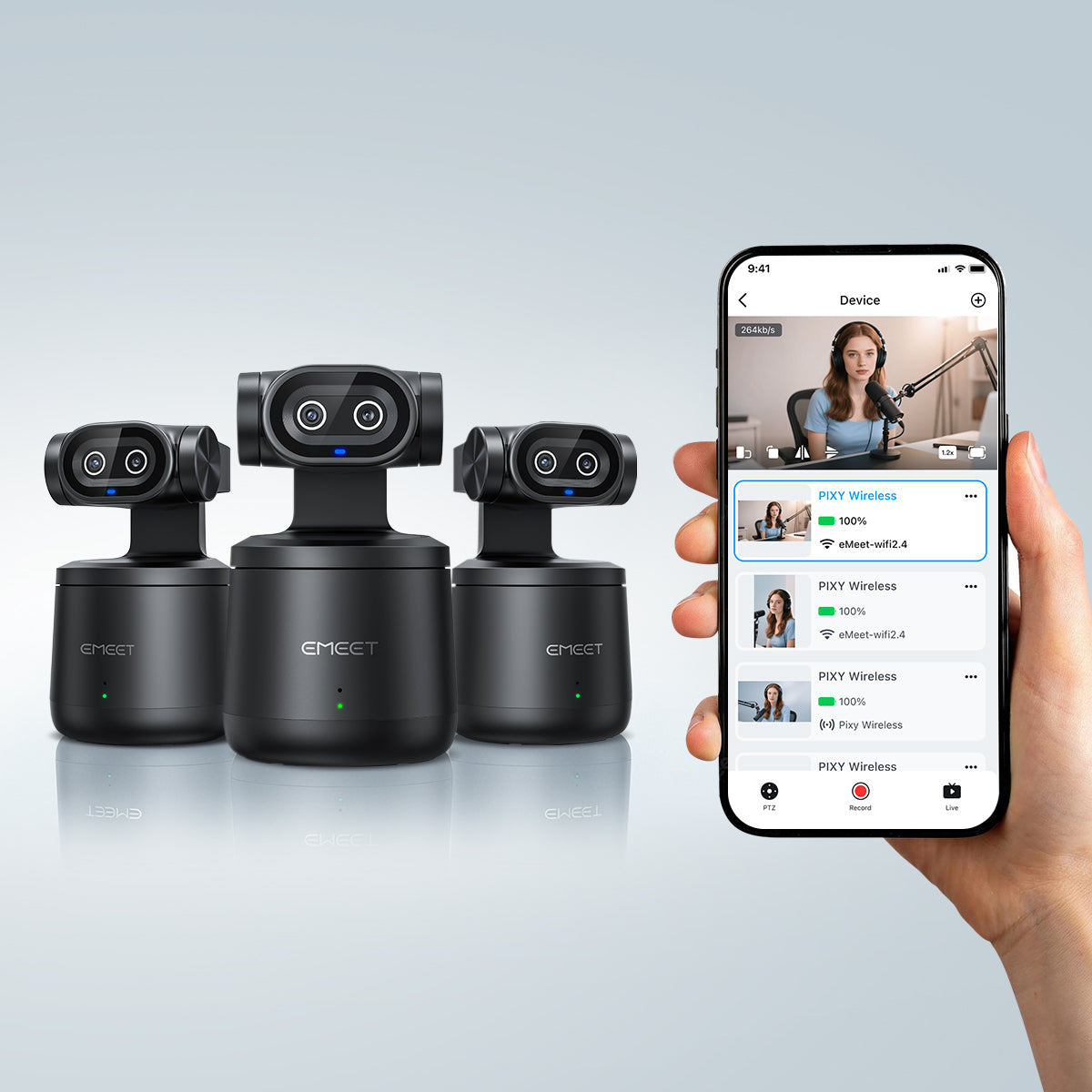 EMEET PIXY Wireless, 3-Camera 4K Dual-Lens PTZ Streaming System with AI Auto Tracking, Home Wi-Fi or Hotspot Operation, Records to TF Card or Device, Streams to Up to 4 Platforms via EMEET Studio App