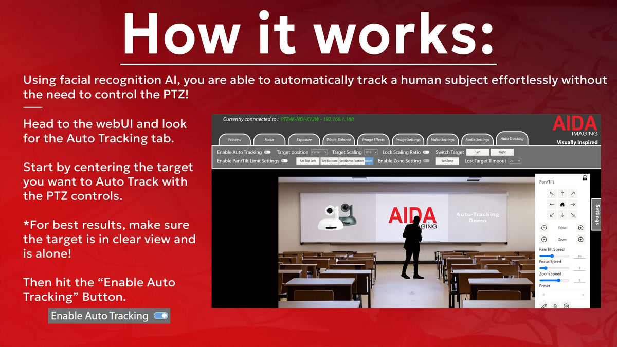 AIDA PTZ4K-NDI-X30B, Broadcast/Conference NDI®|HX 4K NDI/IP/HDMI PTZ Camera 30X Zoom Auto-Tracking Black