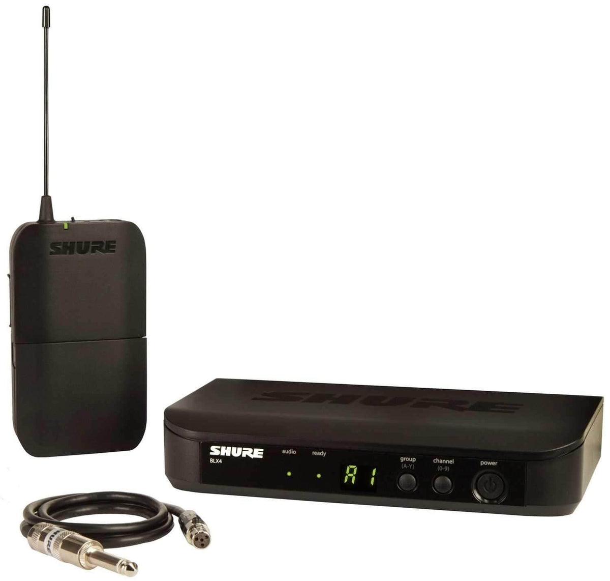 Shure BLX14-H11, Guitar Wireless System with (1) BLX4 Wireless Receiver, (1) BLX1 Bodypack Transmitter, and (1) WA302 Instrument Cable