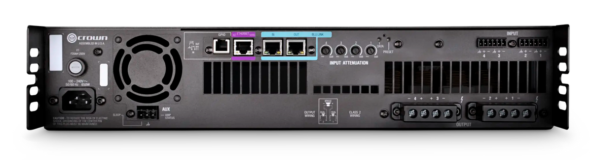 Crown DCI4X600N, Four-channel, 600W @ 4Ω Power Amplifier with BLU Link, 70V/100V / EN 54-16 Compliant for Life Safety Applications