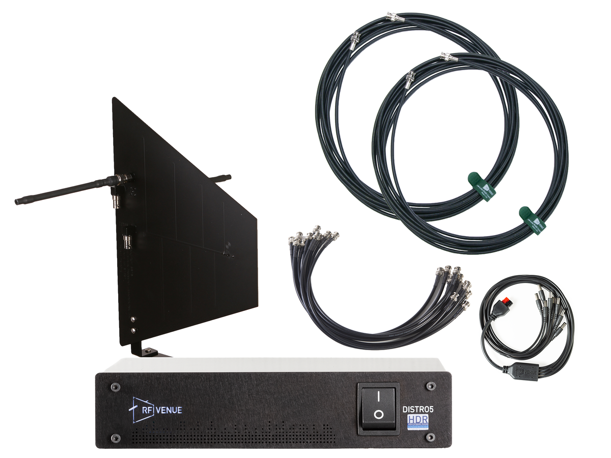RF Venue 5 Channel Wireless Mic Upgrade Pack DFINBD5, DISTRO5 HDR Antenna Distribution with Wallmount Diversity Fin Antenna, Black