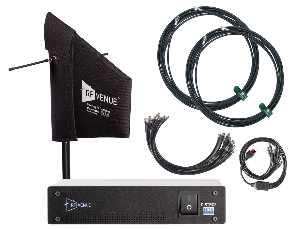 RF Venue 5 Channel Wireless Mic Upgrade Pack DFIND5, DISTRO5 HDR Antenna Distribution with Diversity Fin Antenna