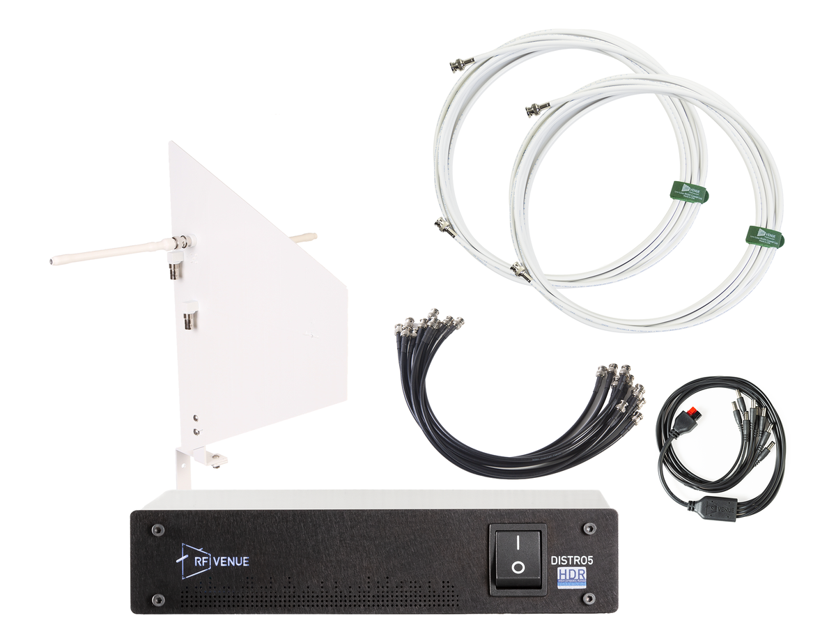 RF Venue 5 Channel Wireless Mic Upgrade Pack DFINWD5, DISTRO5 HDR Antenna Distribution with Wallmount Diversity Fin Antenna, White