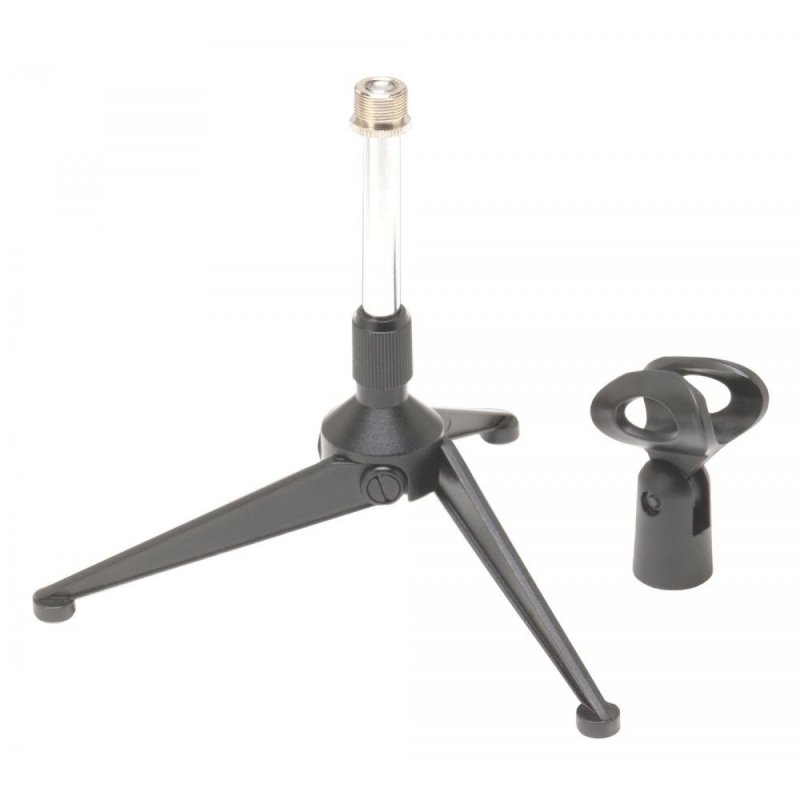 On-Stage DS7425, Tripod Desktop Mic Stand, Height Adjustment 4.3"-6.7", 7.5" Base Spread, Black and Chrome, Includes Mic Clip