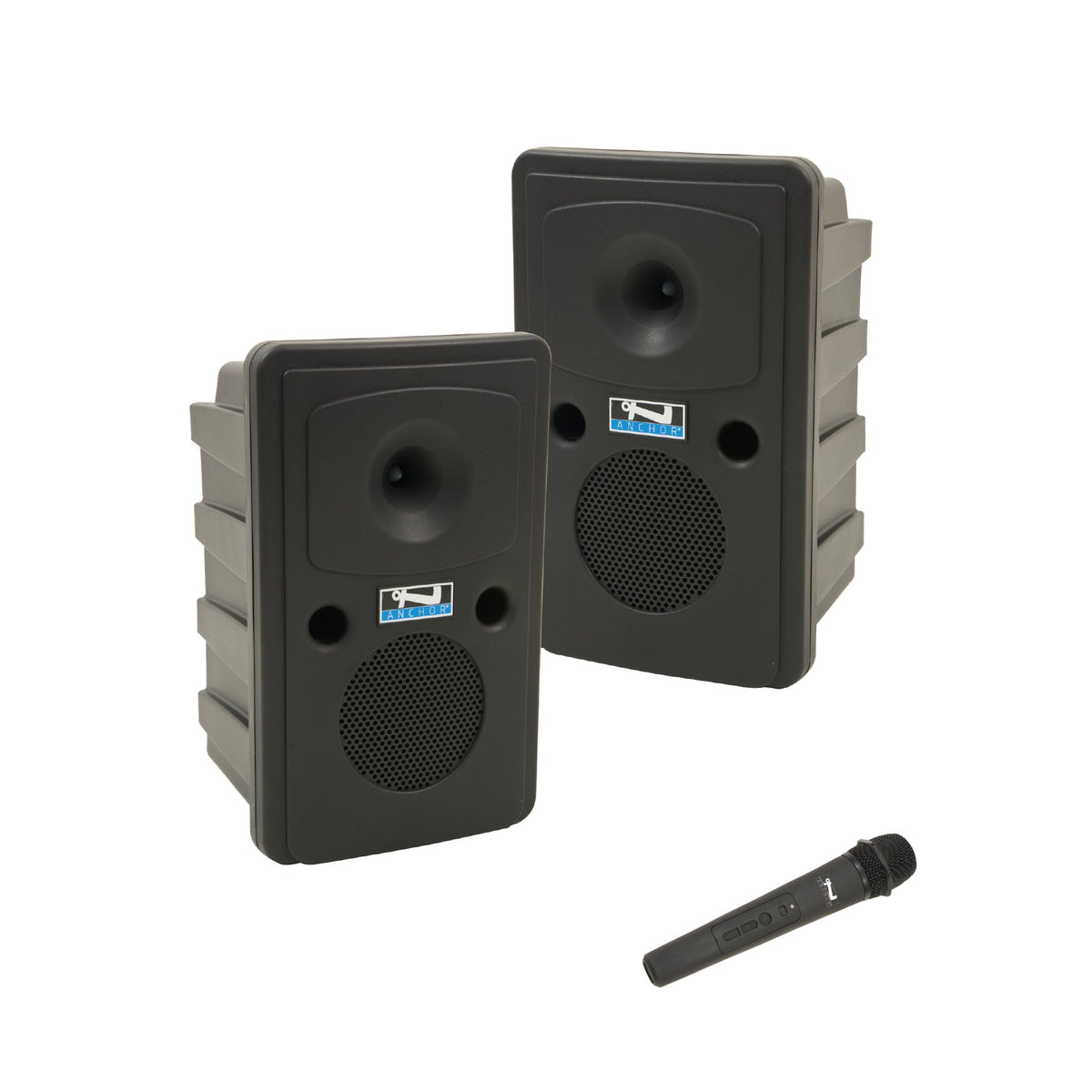 Anchor Audio Go Getter 2 Air X4 - Go Getter 2 Pair, AnchorAIR, four wireless belt pack transmitters with collar microphones, and two speaker stands