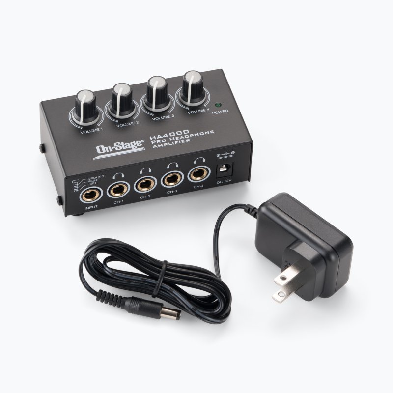 On-Stage HA4000, Four-Channel Headphone Amp, Four People to Listen Simultaneously to a Single Audio Source Over, Each Listener Can Independently Adjust Their Headphone Volume