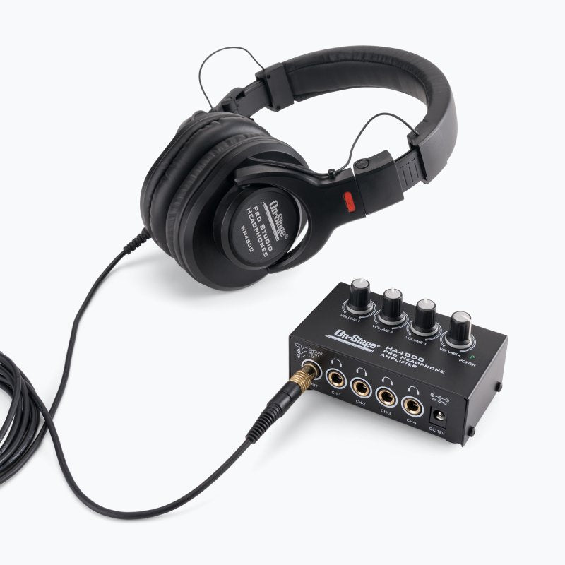 On-Stage HA4000, Four-Channel Headphone Amp, Four People to Listen Simultaneously to a Single Audio Source Over, Each Listener Can Independently Adjust Their Headphone Volume