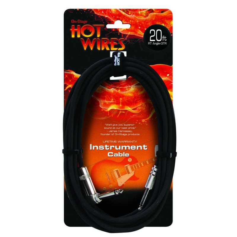 On-Stage IC-20R, Instrument Cable (QTR Right Angle-QTR, 20'), 20' Length, Right Angle Connectors, QTR-QTR Cable, 22AWG Wire Gauge