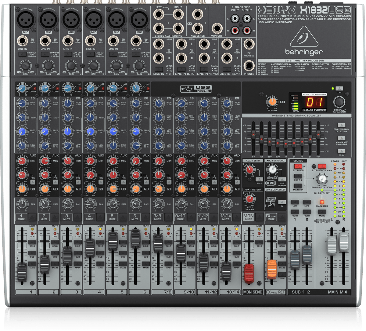 Behringer Xenyx X1832USB Premium 18-Input 3/2-Bus Mixer with XENYX Mic Preamps and Compressors
