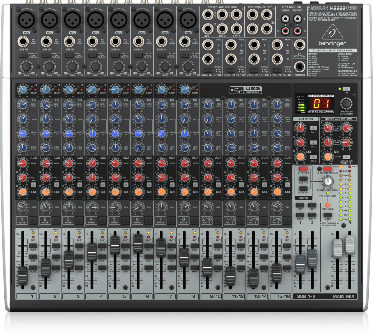 Behringer Xenyx X2222USB Premium 22-Input 2/2-Bus Mixer with XENYX Mic Preamps and Compressors