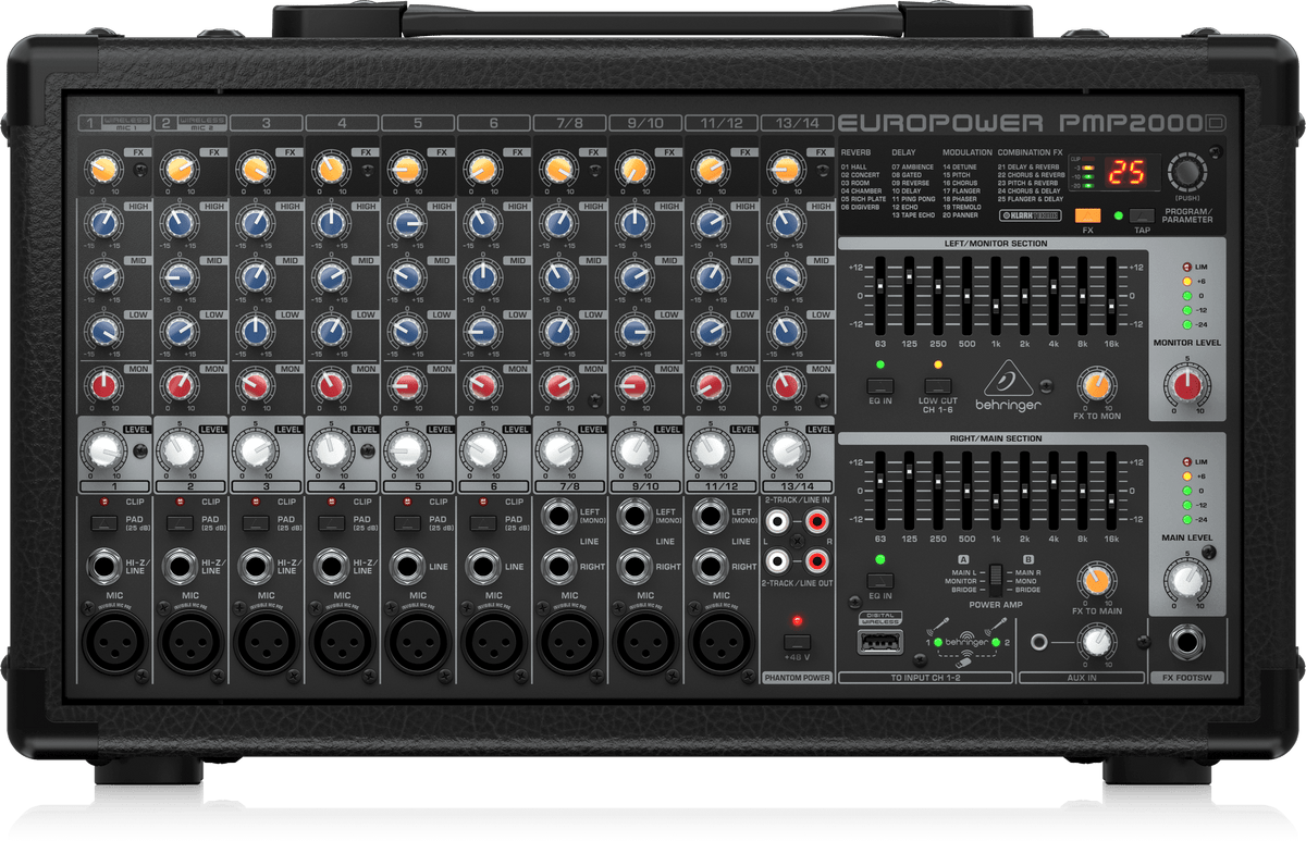Behringer Europower PMP2000D 2000-Watt 14-Channel Powered Mixer with Klark Teknik Multi-FX Processor