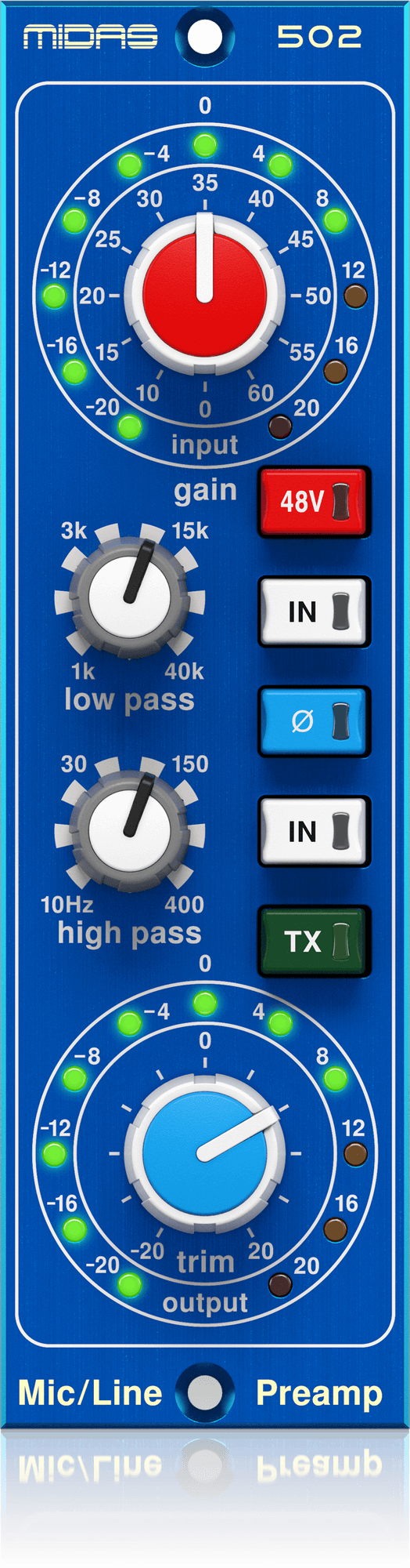Midas MICROPHONE PREAMPLIFIER 502 V2 500 Series Modular Midas Microphone Preamplifier with Classic XL4 Filters