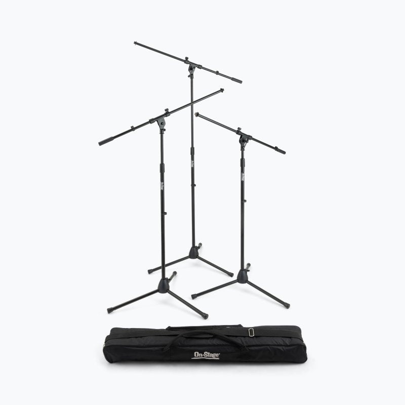 On-Stage MSP7703, Three Euro Boom Mic Stands with Bag, Height 32"-61.5", 30" Boom, 23" Base Spread, Heavy-duty Padded Nylon Material, 5/8"-27" Threading, Black