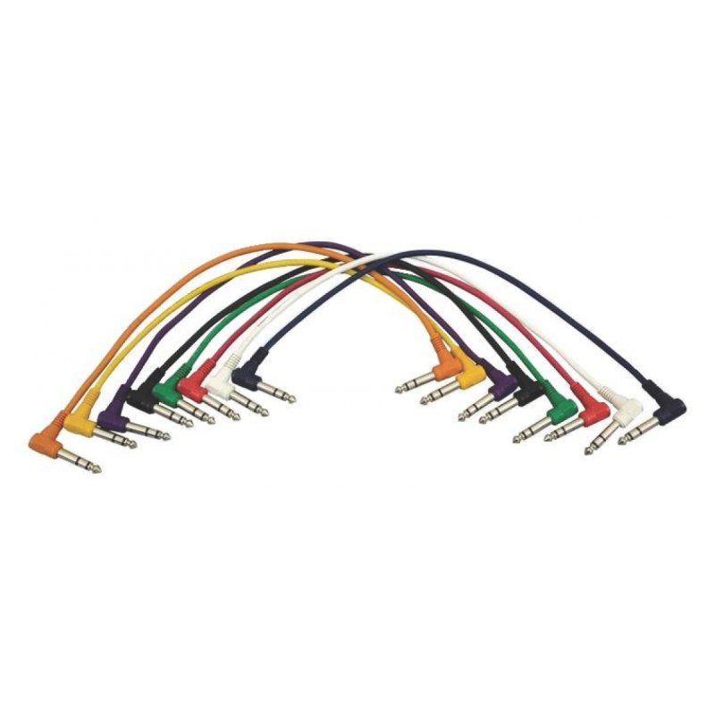 On-Stage PC18-17TRS-R, Right-Angle Patch Cables (TRS-TRS, 8-pack), 17" Length, Right Angle Connectors, TRS-TRS Cable, Assorted