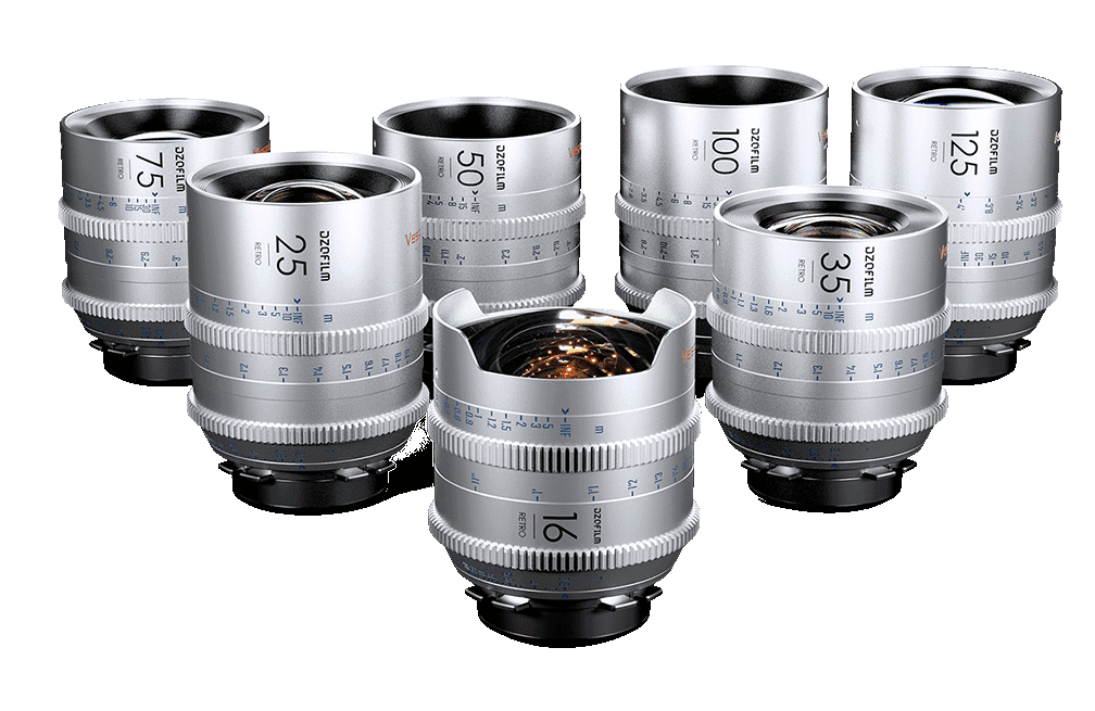 DZOFILM Vespid Retro 7-lens Kit (16, 25, 35, 50, 75, 100,125mm) with hard case (PL mount with EF bayonet, Silver), Full-Frame Vintage-Look Cine Prime Kit, PL Mount, Manual Focus and Iris