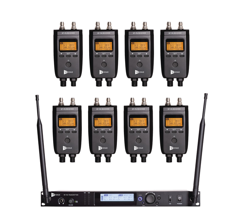 RF Venue RF PA Extension Kit 8 Pack RF-PA-8PACK, Wireless UHF Audio Link for PA Systems, Transmitter and 8 Receivers
