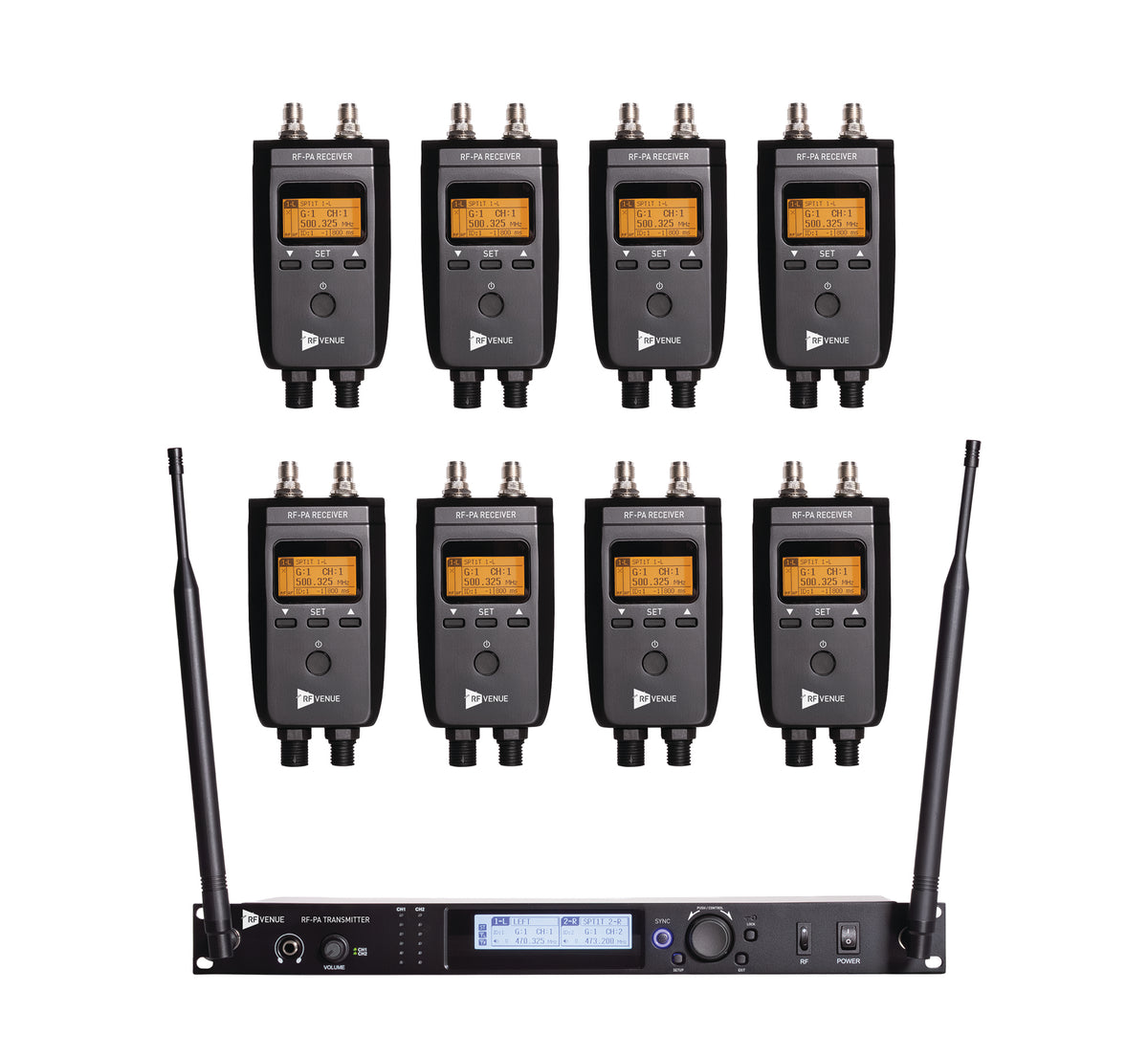 RF Venue RF PA Extension Kit 8 Pack RF-PA-8PACK, Wireless UHF Audio Link for PA Systems, Transmitter and 8 Receivers