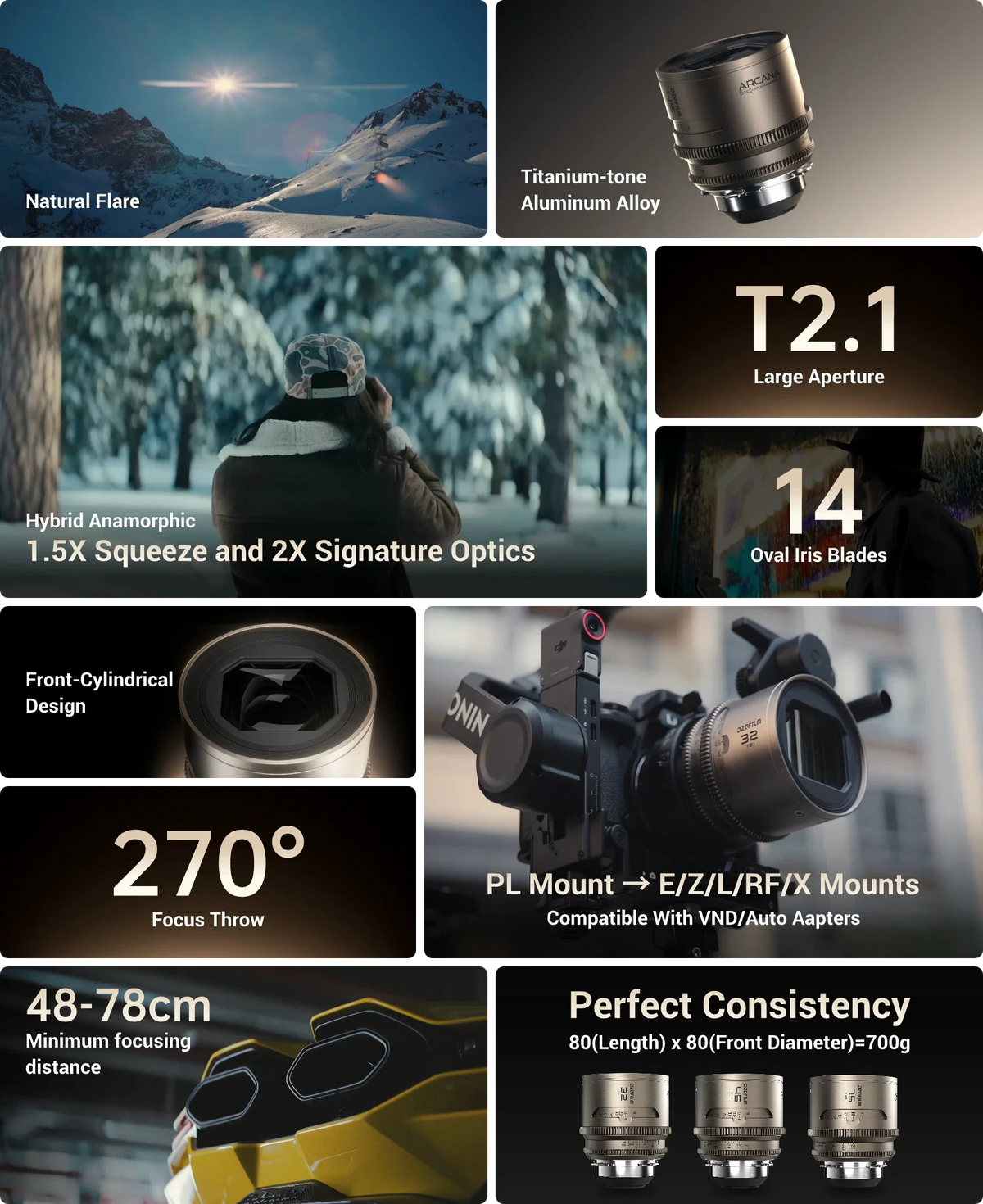 DZOFILM Arcana 45mm T2.1 Full-frame 1.5X Hybrid Anamorphic Prime Lens (PL mount,feet), 1.5X Full-Frame Hybrid Anamorphic Prime, PL Mount, Oval Bokeh, 700g Lightweight, M77 Front Filter