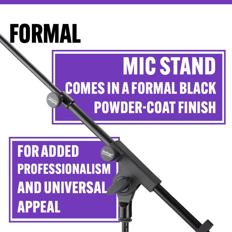 On-Stage MS500, Travel Mic Stand, Height Adjustment 22"- 57", 19.5" - 35" Boom, Black, Includes Drawstring Bag