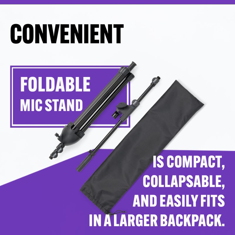 On-Stage MS500, Travel Mic Stand, Height Adjustment 22"- 57", 19.5" - 35" Boom, Black, Includes Drawstring Bag