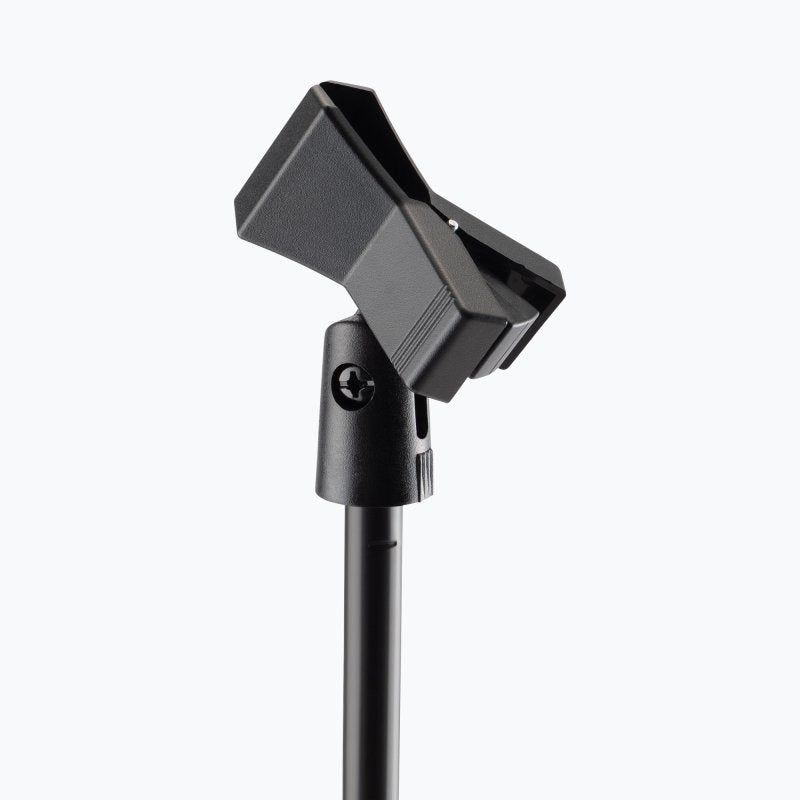On-Stage MS7300, Mic Stand Flat Base, Height Adjustment 25"-66", 5/8"-27 Threading, Black, Includes Clothespin-style Mic Clip