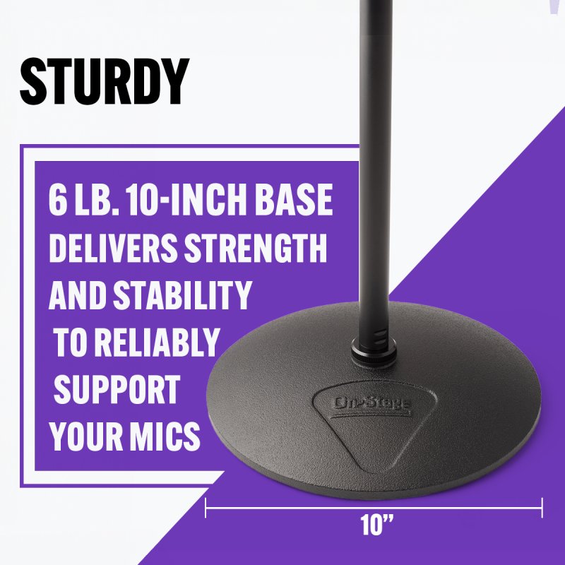 On-Stage MS9510, Production-Grade One-Handed Mic Stand with Round Base, Height Adjustment 43″-69.75″, 5/8"-27 Threading