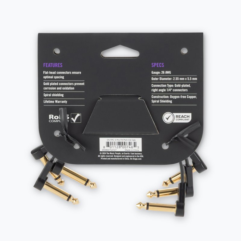 On-Stage OSPRO-FPC-3, Production-Grade Flat Patch Cables (3-Pack), 6" Length, 26 AWG Gauge, Oxygen-free copper, Spiral Shielding Construction