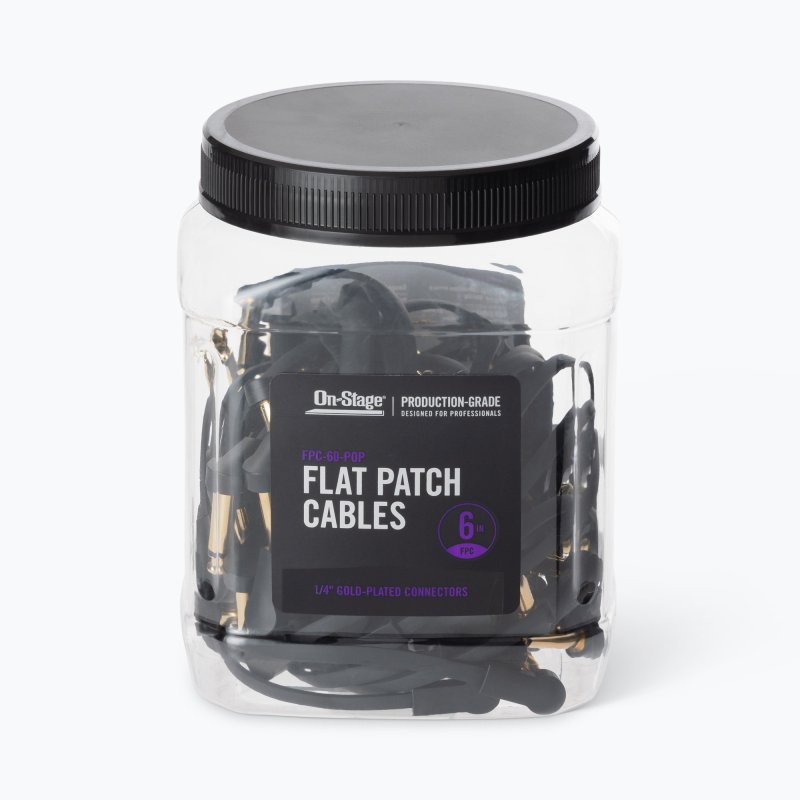 On-Stage OSPRO-FPC-60-POP, Production-Grade Flat Patch Cables (60-Pack with POP Display), 6" Length, Gold-plated, Right Angle ¼" Connectors Connectors, 26 AWG Gauge, Oxygen-free copper, Spiral Shielding Construction