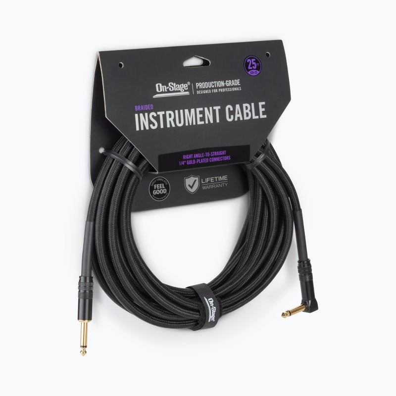 On-Stage OSPRO-ICR-25, Production-Grade Braided Instrument Cable (Right Angle to Straight) 25 ft, 24 AWG Gauge, Oxygen-free copper, Braided Shielding Construction